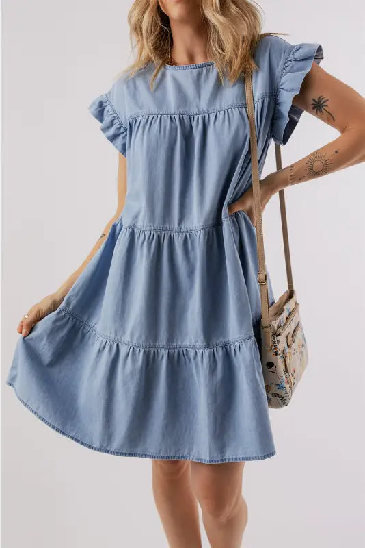 Beau blue denim dress - ruffle short sleeve tiered a-line - dresses