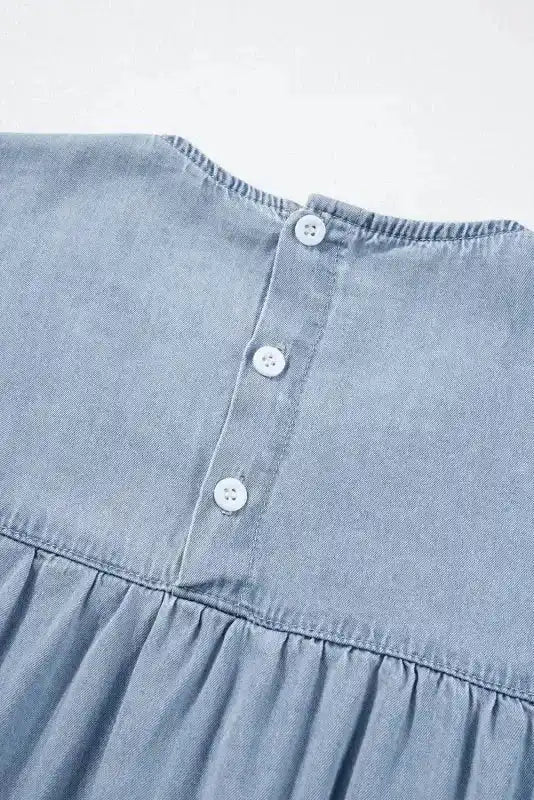 Beau Blue Denim Dress - Ruffle Short Sleeve Tiered A-line - Fashionfitz