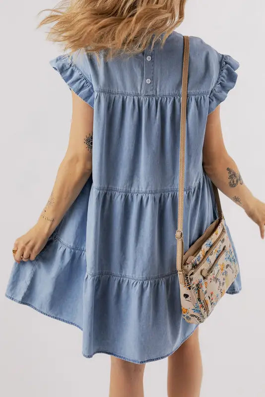 Beau blue denim dress - ruffle short sleeve tiered a-line - dresses