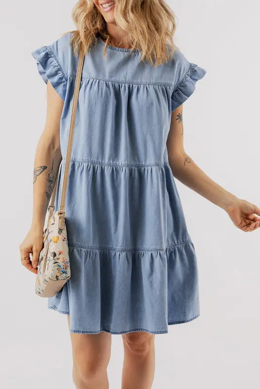 Beau blue denim dress - ruffle short sleeve tiered a-line - dresses