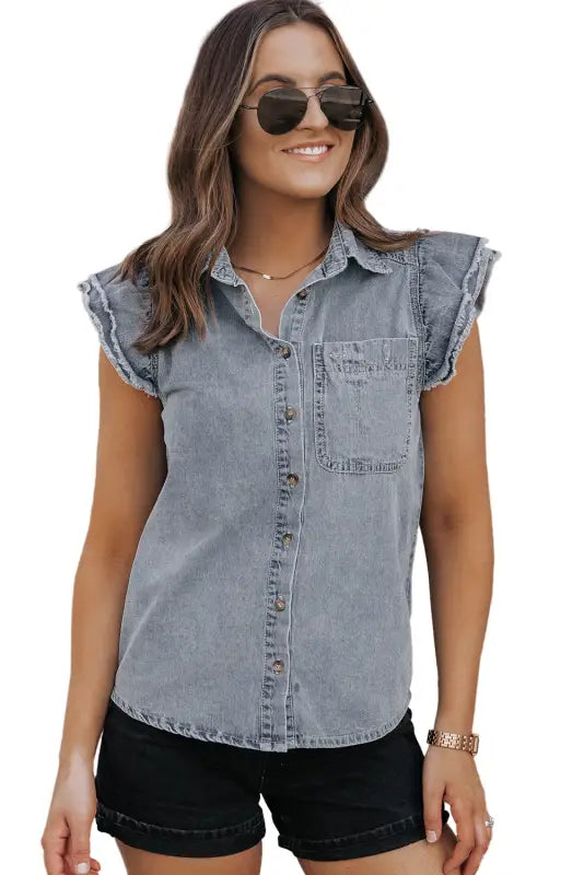 Beau blue frayed ruffle sleeve denim shirt - tops/blouses & shirts