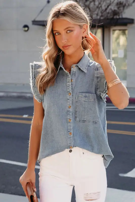 Beau blue frayed ruffle sleeve denim shirt - tops/blouses & shirts