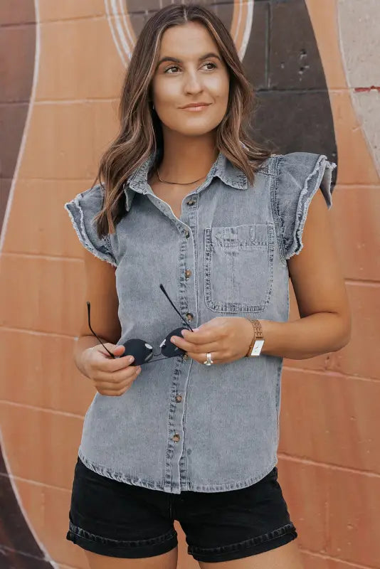 Beau blue frayed ruffle sleeve denim shirt - tops/blouses & shirts