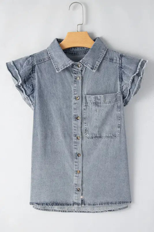 Beau blue frayed ruffle sleeve denim shirt - tops/blouses & shirts