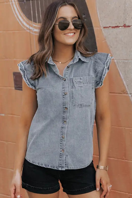 Beau blue frayed ruffle sleeve denim shirt - tops/blouses & shirts