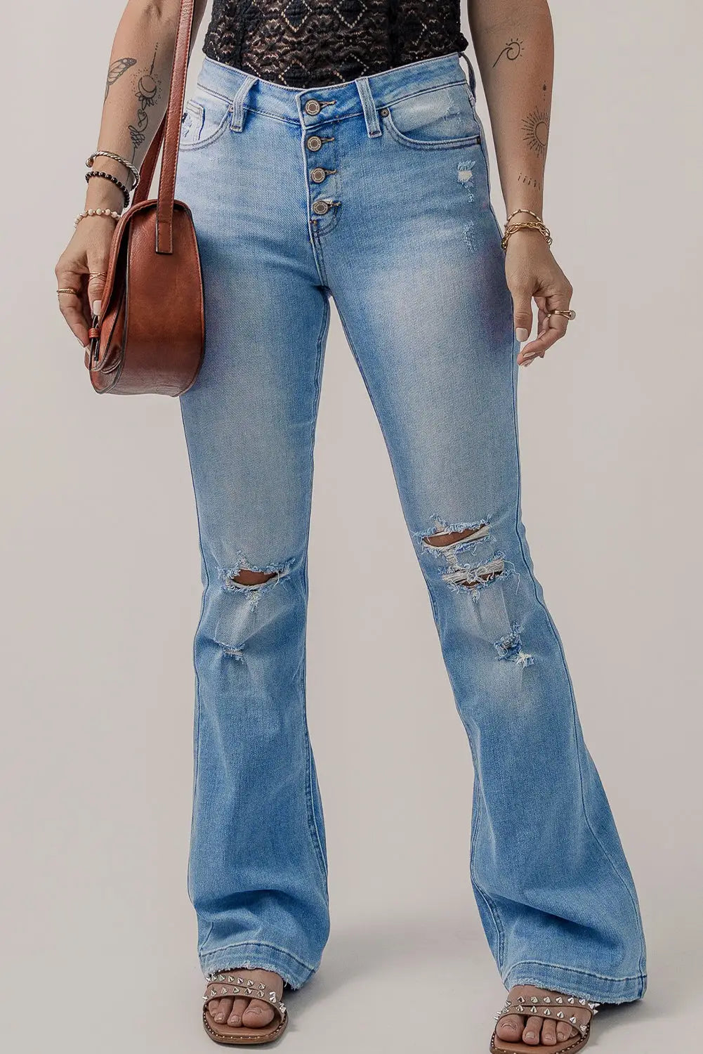 Beau blue high waist button front ripped flare jeans - 10 71% cotton + 27.5% polyester + 1.5% elastane