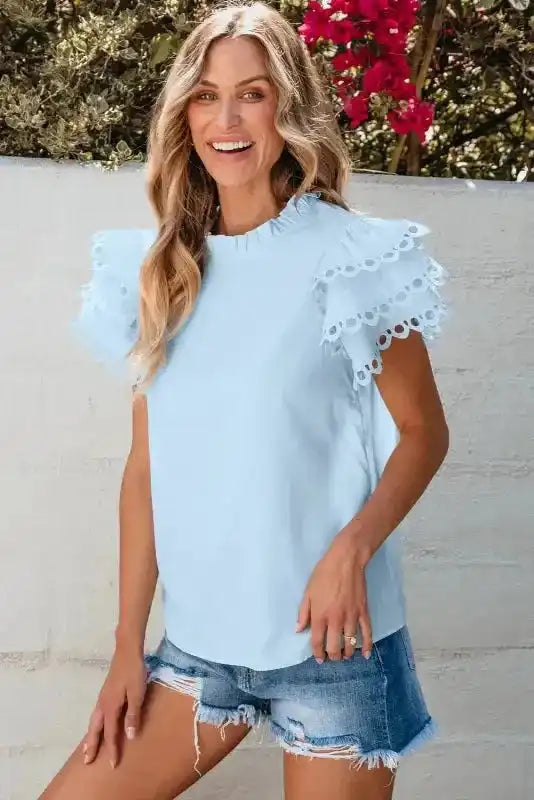 Close-up of Blue Layered Ricrac Blouse showing delicate ricrac braid trim detail on ruffle tiers — Fashionfitz