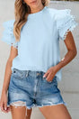 Blue Layered Ricrac Trim Blouse Women UK — front view showing tiered ruffle layers and ricrac braid trim in beau blue — Fashionfitz