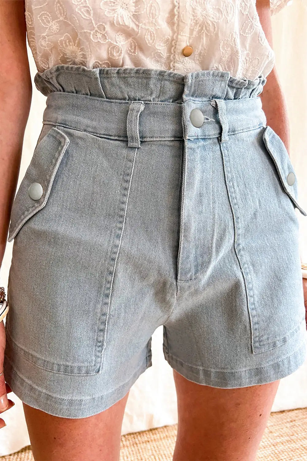 Beau blue ruffled high waist flap pockets denim shorts - 10 65% cotton + 33% polyester + 2% elastane