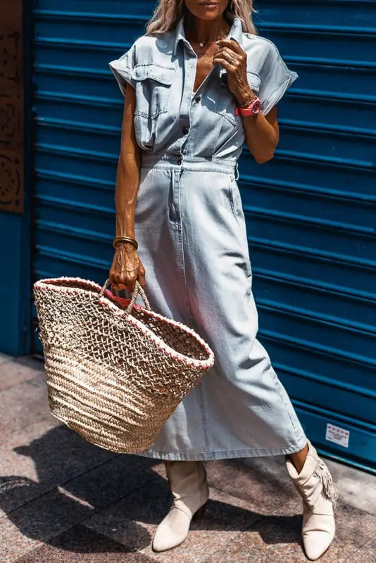 Beau blue slit back denim dress - l / 82% cotton + 10% polyester + 8% viscose - maxi dresses