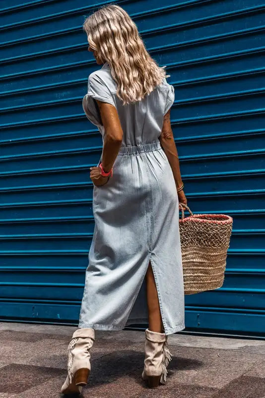 Beau blue slit back denim dress - maxi dresses