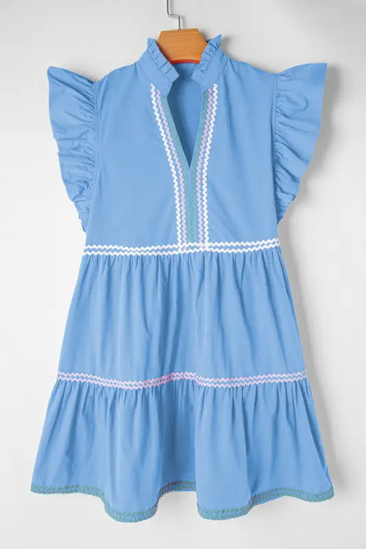 Beau blue tiered dress - flutter sleeve v-neck - s / 100% cotton - mini dresses