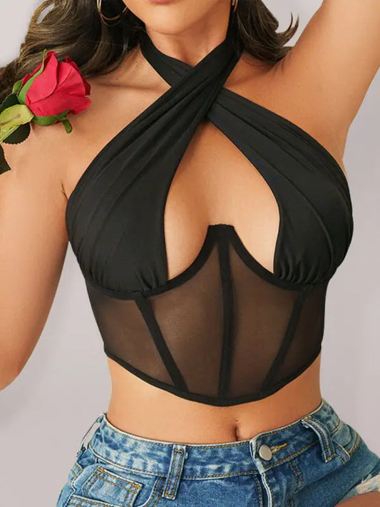 Beautiful chest mesh strap sexy hot girl hanging neck tube top lingerie - black / s - corsets & bustiers