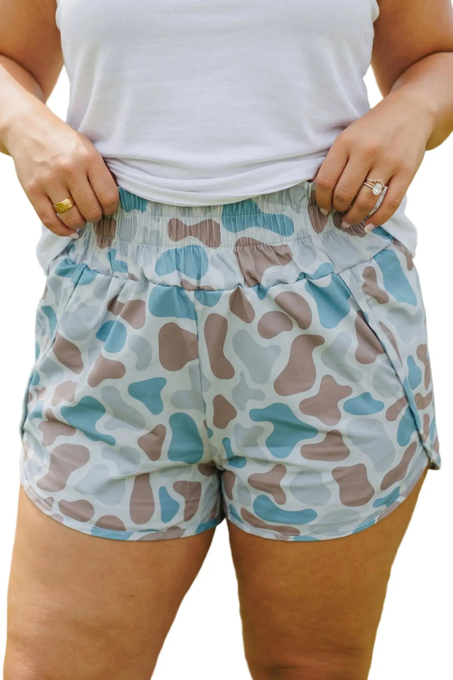 Plus size camouflage print athleisure shorts smocked high waist pull-on