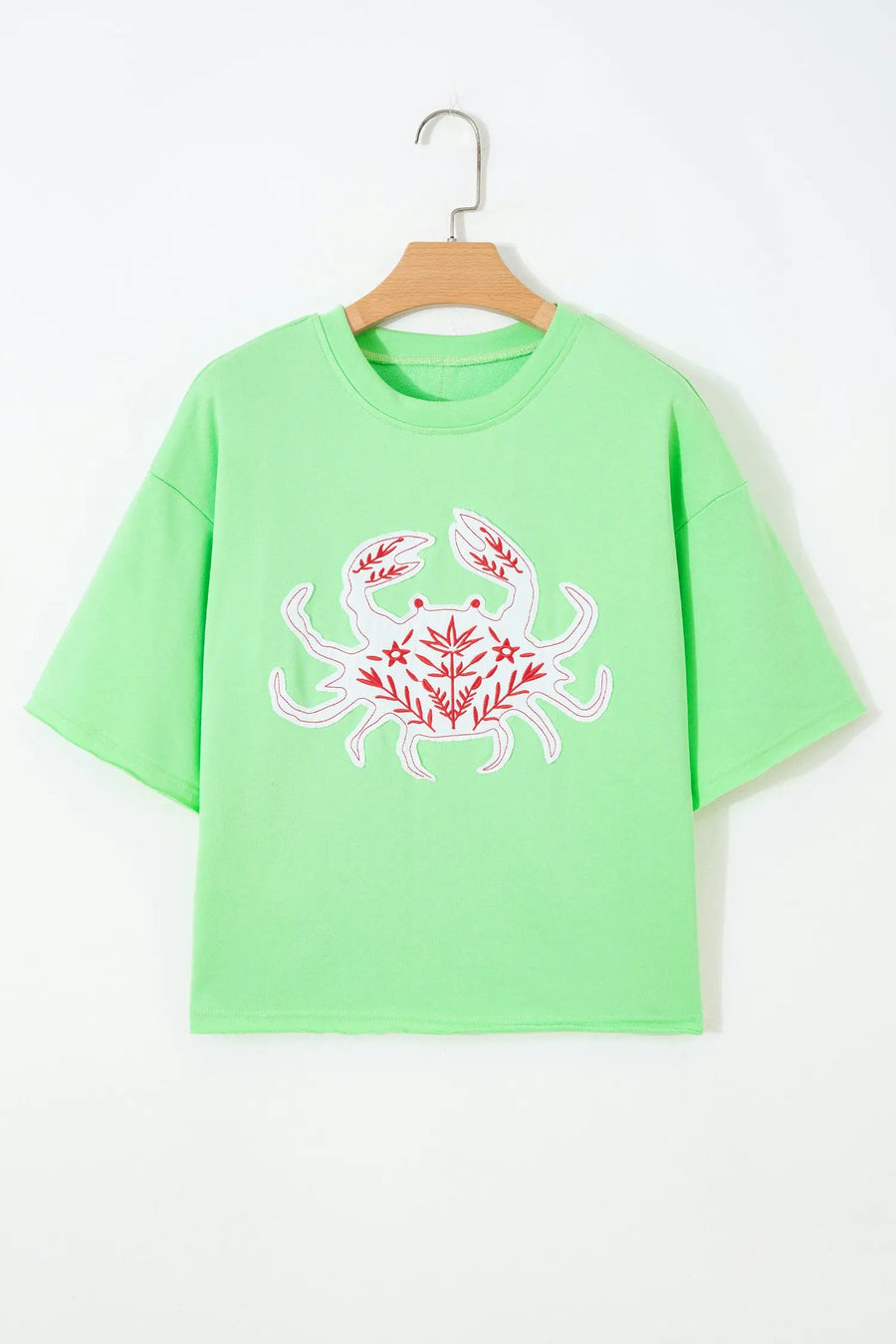 Bright Green Crab Embroidered Patch Loose Round Neck Tee — full length view on model | Fashionfitz UK