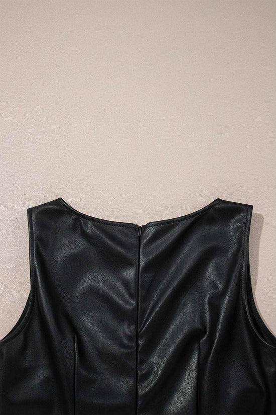 Detailed view of back zipper on Black Vegan Leather Sleeveless Mini Dress, designed for easy wear and seamless style by FashionFitz.