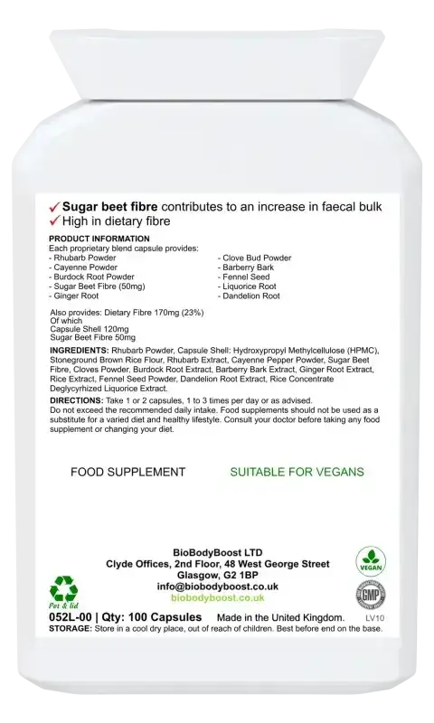 Back label of Beet It Colonix showing beetroot and herbal colonics complex ingredients with dosage guide