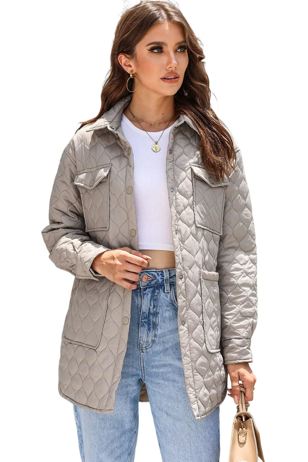 Beige 4 big pockets quilted button down puffer coat