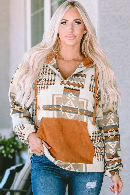 Beige aztec half-zip hoodie | fashionfitz