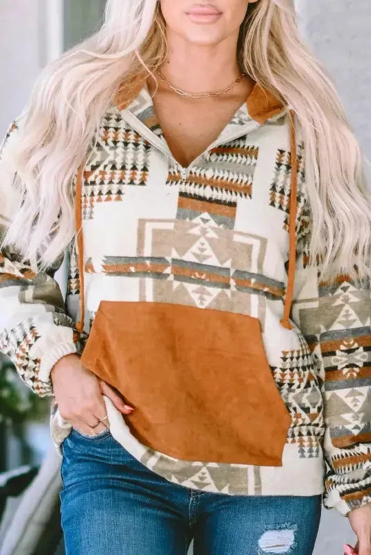 Beige Aztec Half-Zip Hoodie - Fashionfitz