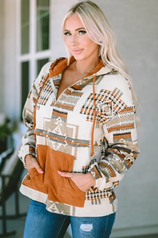 Beige aztec half-zip hoodie | fashionfitz