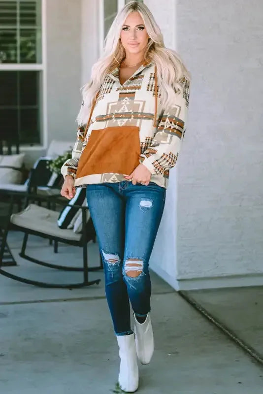 Beige Aztec Half-Zip Hoodie - Fashionfitz