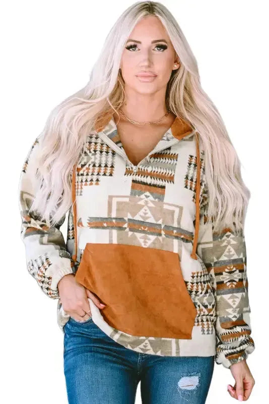 Beige Aztec Half-Zip Hoodie - Fashionfitz