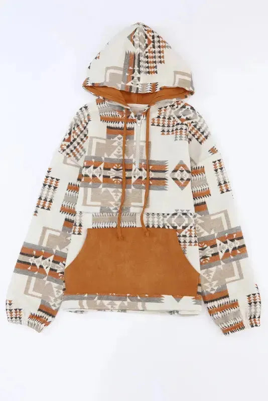 Beige Aztec Half-Zip Hoodie - Fashionfitz