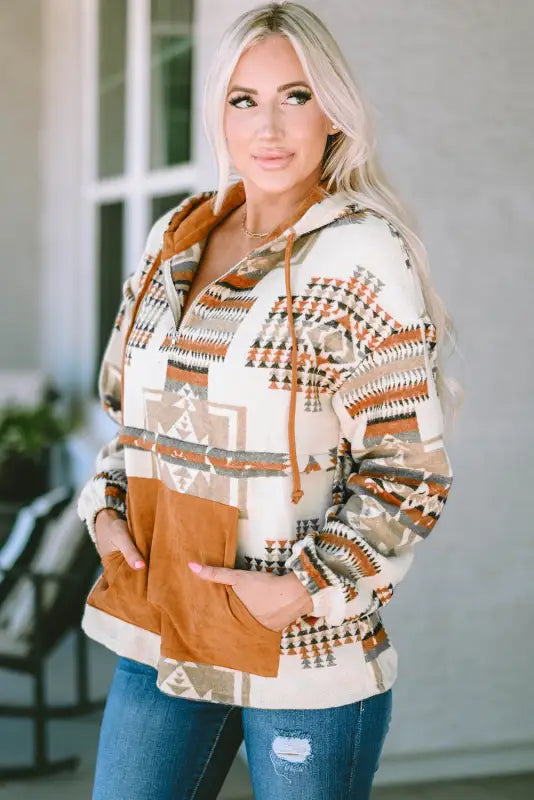 Beige aztec half-zip hoodie | fashionfitz