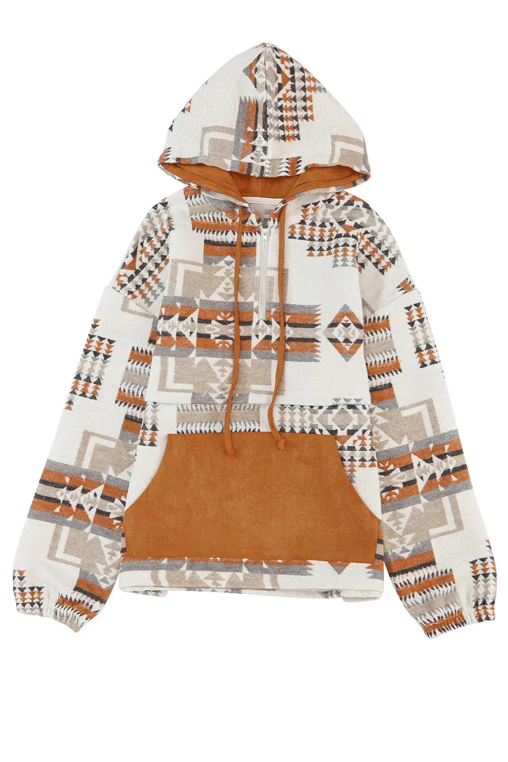Beige aztec print kangaroo pocket half - zip hoodie - sweatshirts & hoodies