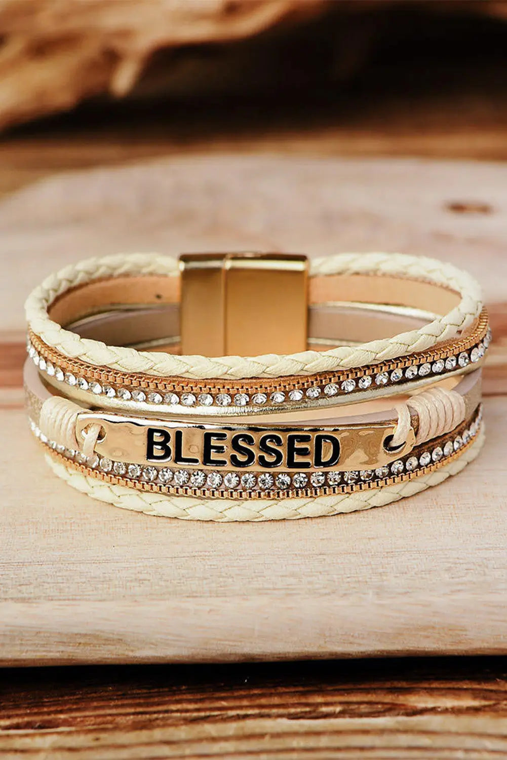 Beige blessed rhinestone braided detail buckle bracelet - one size - bracelets