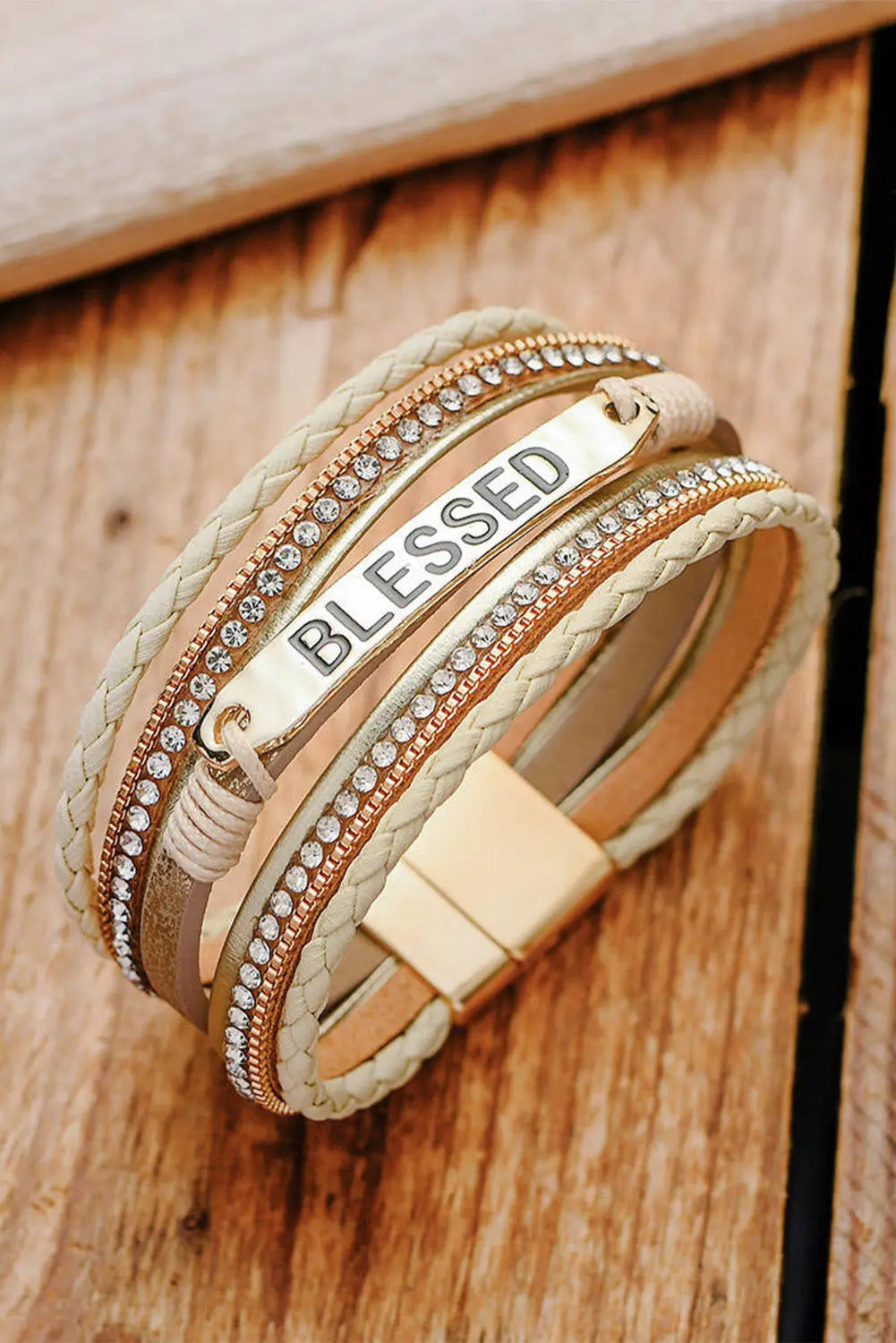 Beige blessed rhinestone braided detail buckle bracelet - one size bracelets
