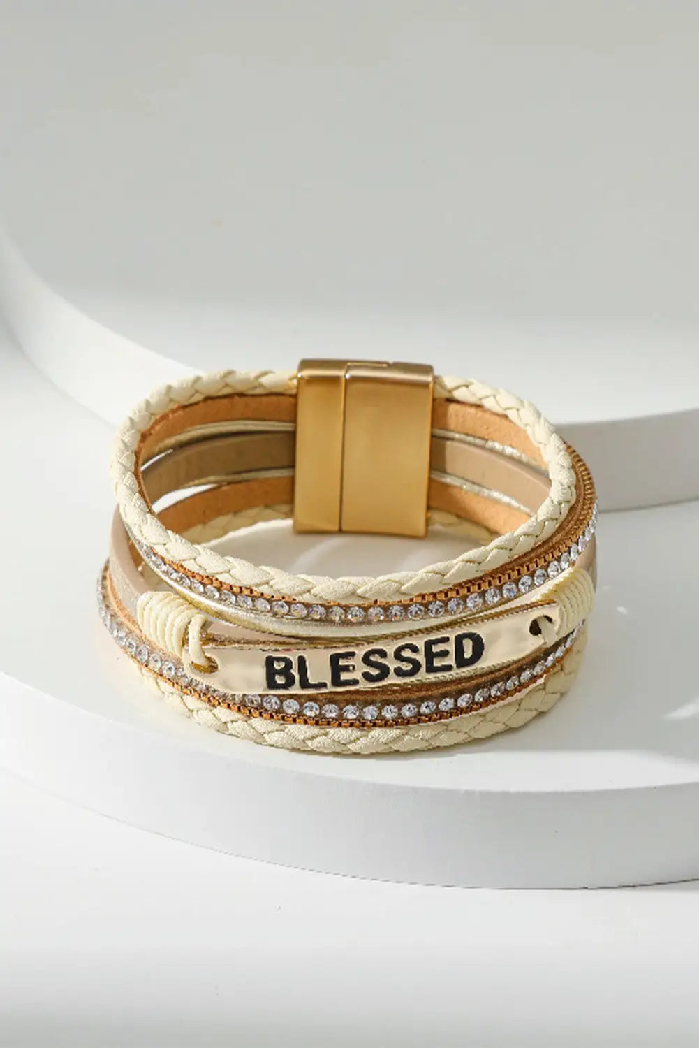 Beige blessed rhinestone braided detail buckle bracelet - one size bracelets