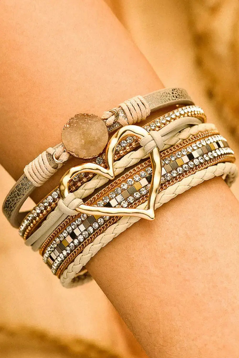 Beige bohemian heart rhinestone magnetic buckle bracelet - accessories