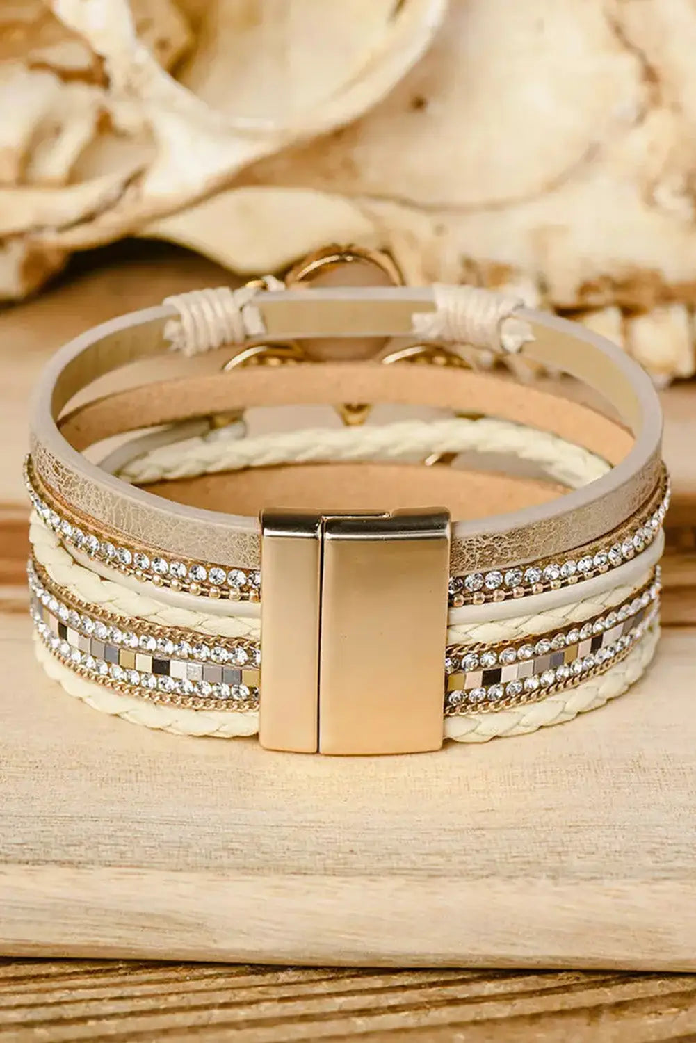 Beige bohemian heart rhinestone magnetic buckle bracelet - accessories