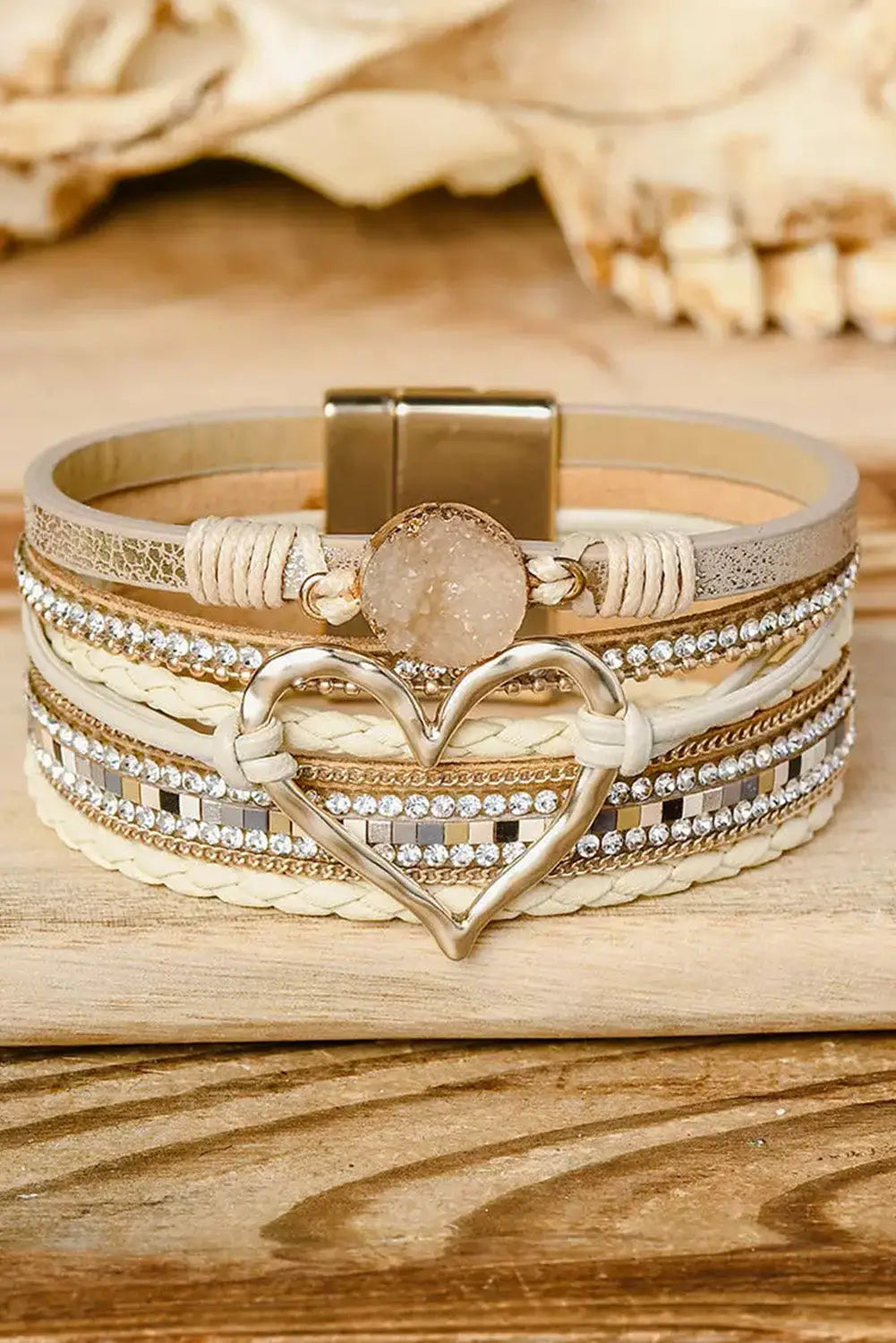 Beige bohemian heart rhinestone magnetic buckle bracelet - one size alloy accessories