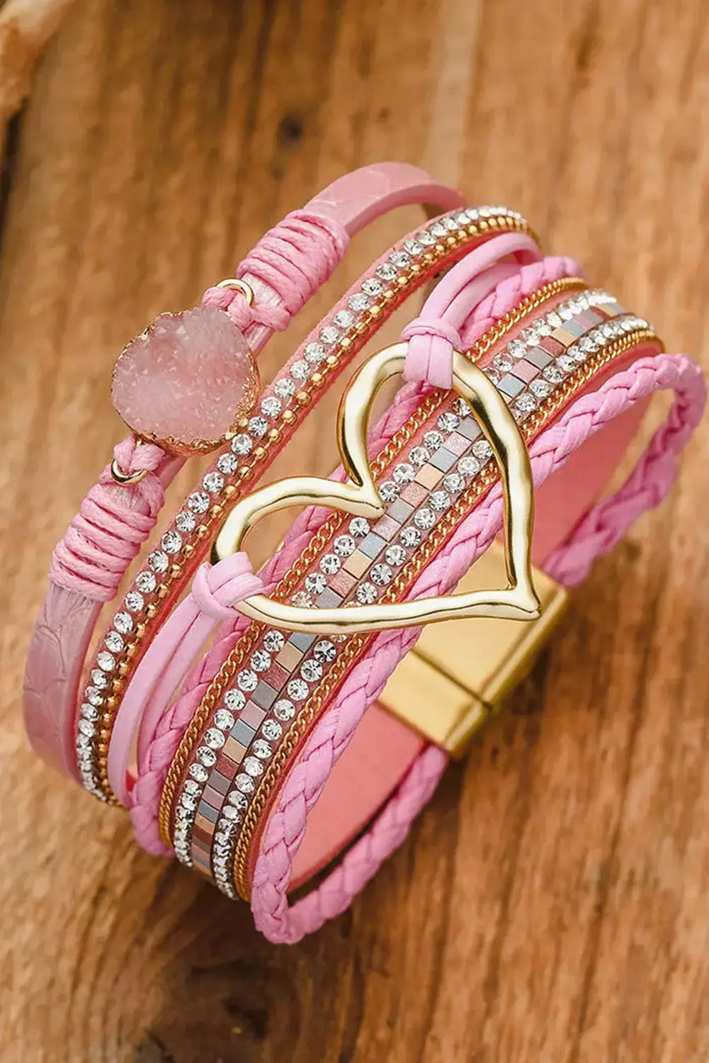 Beige bohemian heart rhinestone magnetic buckle bracelet - pink / one size alloy accessories