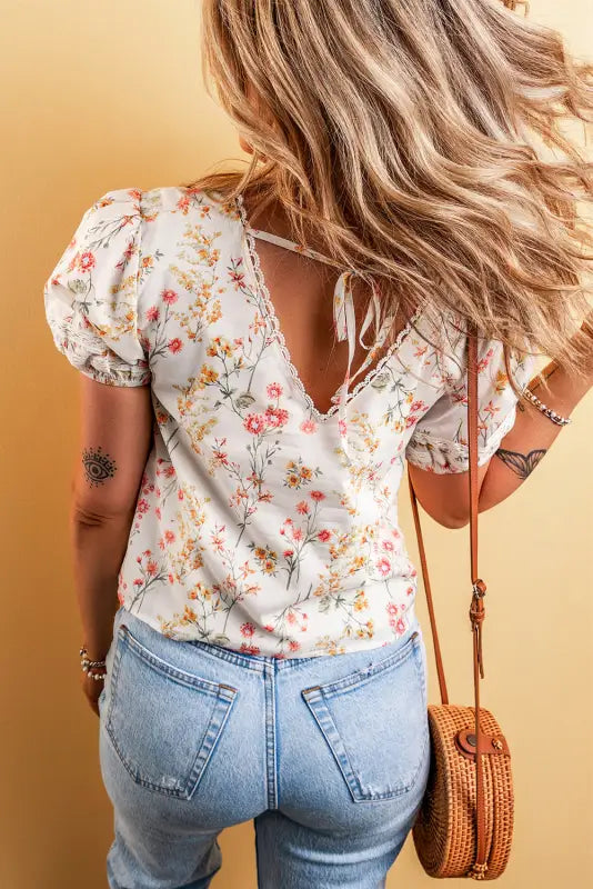 Beige boho floral lace trim short sleeve blouse - blouses