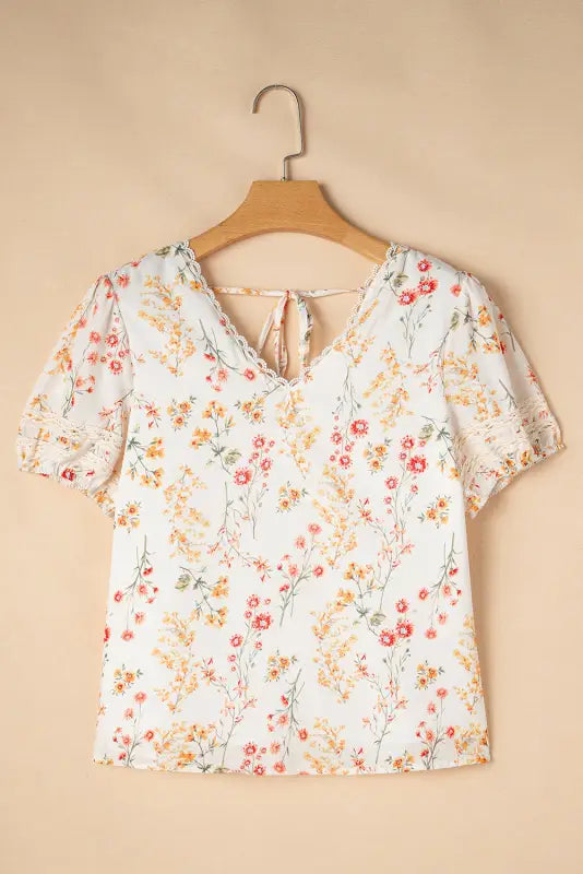 Beige boho floral lace trim short sleeve blouse - blouses &