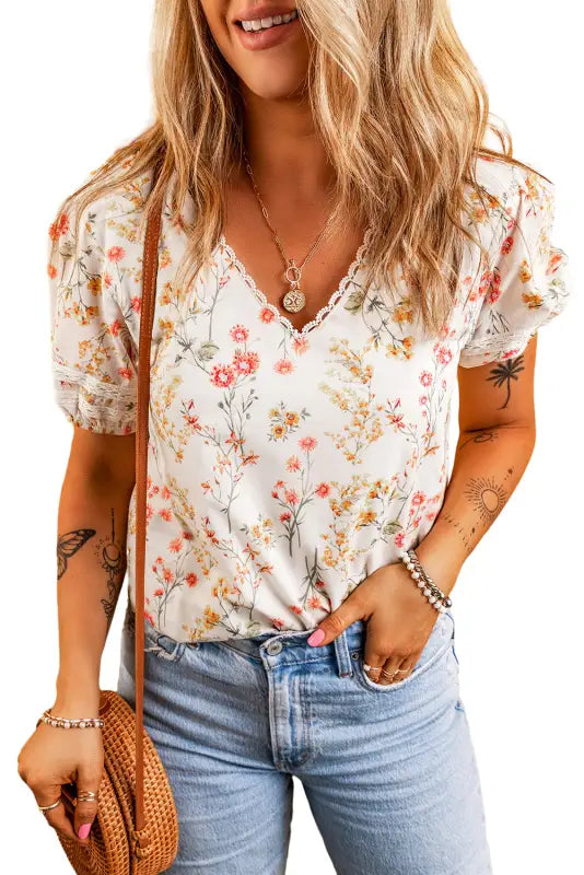 Beige boho floral lace trim short sleeve blouse - blouses &