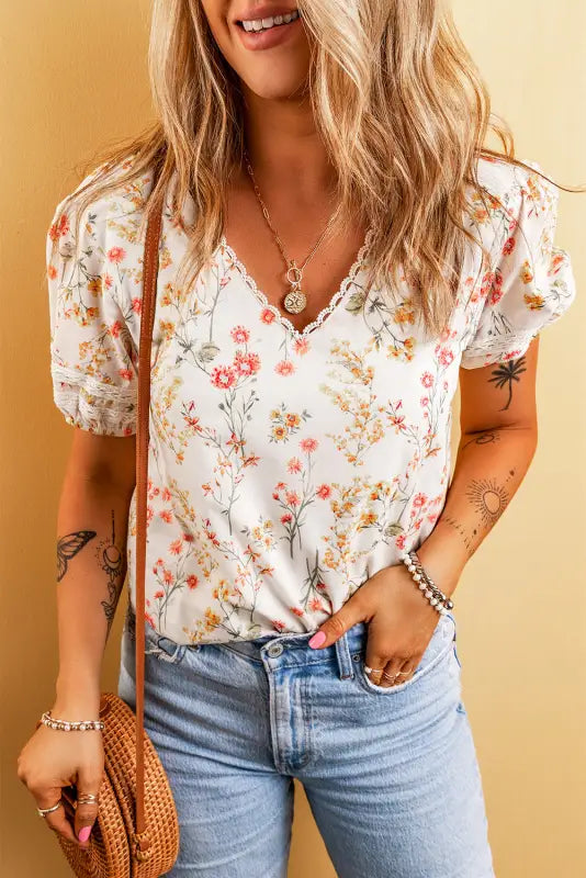 Beige boho floral lace trim short sleeve blouse - blouses &