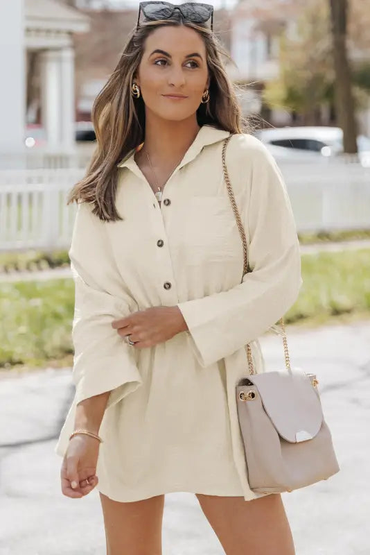 Beige button shirt dress - s / 100% cotton - mini dresses