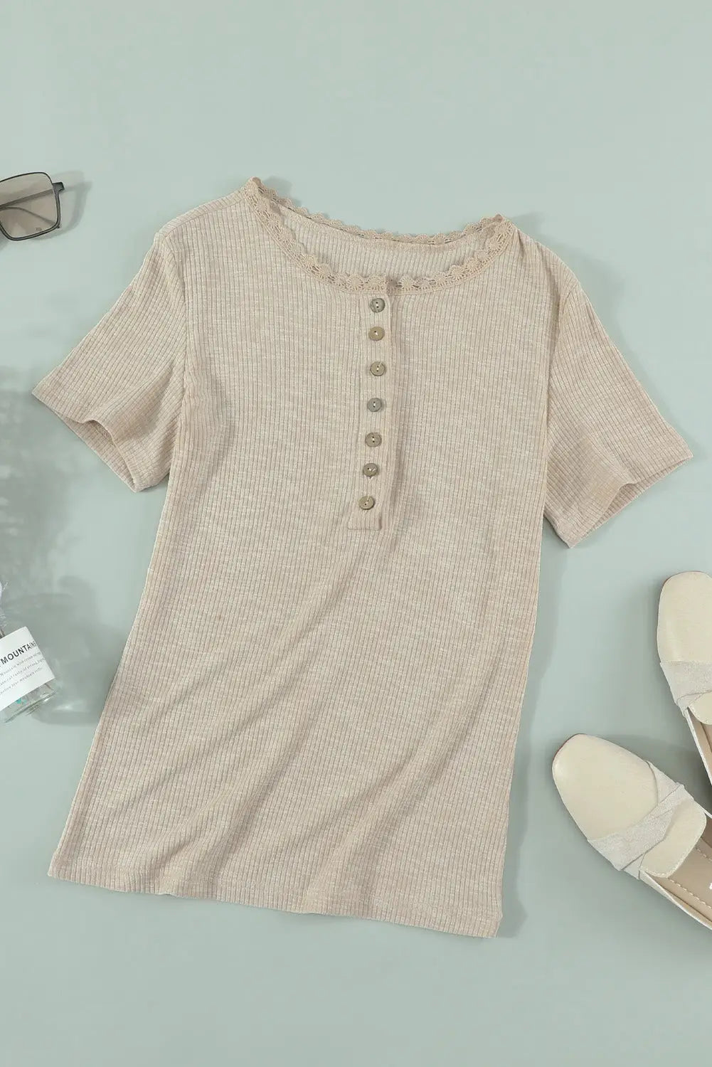 Beige buttoned ribbed knit short sleeve top - t - shirts