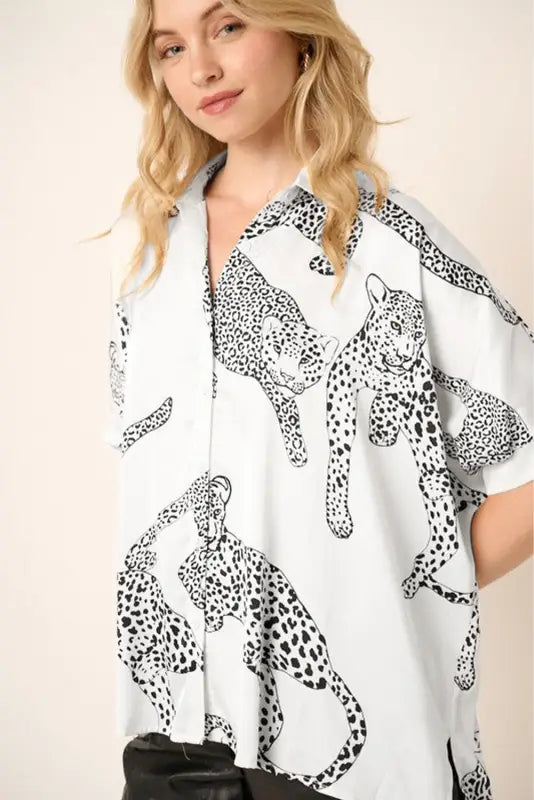 Beige cheetah print buttoned half sleeve shirt - shirts