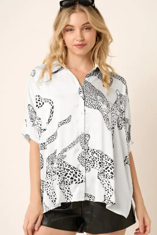 Beige cheetah print buttoned half sleeve shirt - shirts