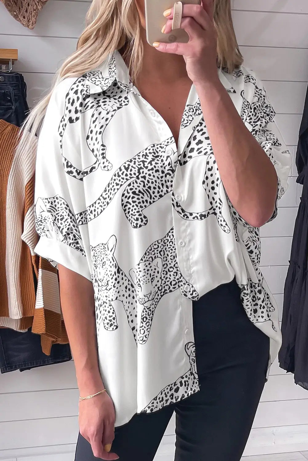 Beige cheetah print buttoned half sleeve shirt - s 100% polyester blouses & shirts
