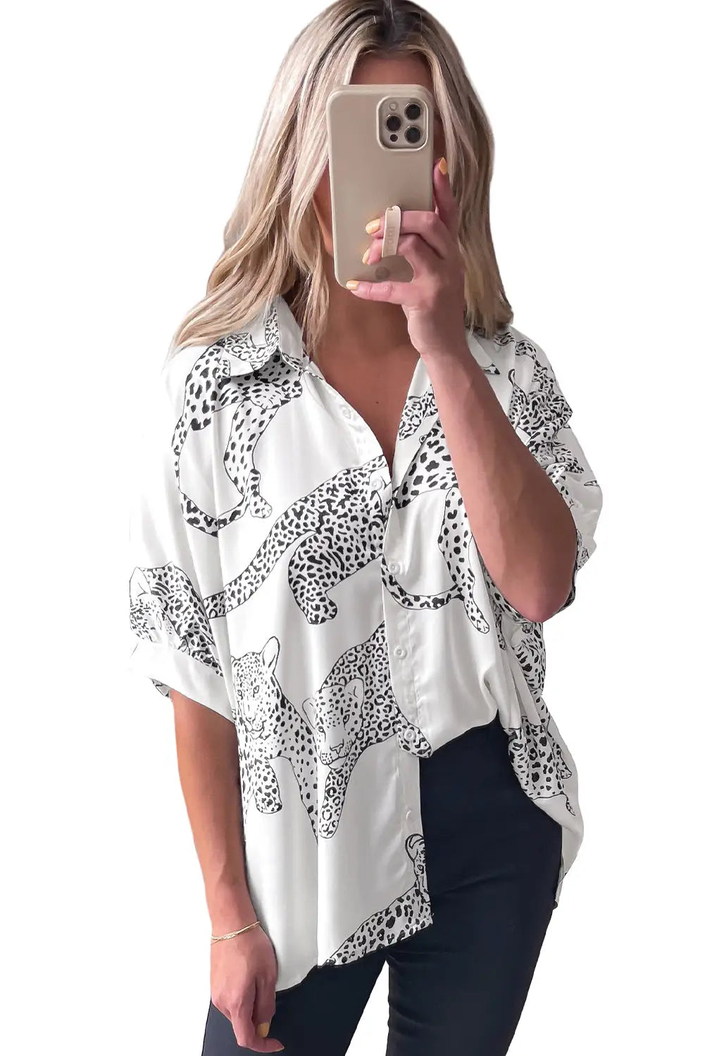 Beige cheetah print buttoned half sleeve shirt - blouses & shirts