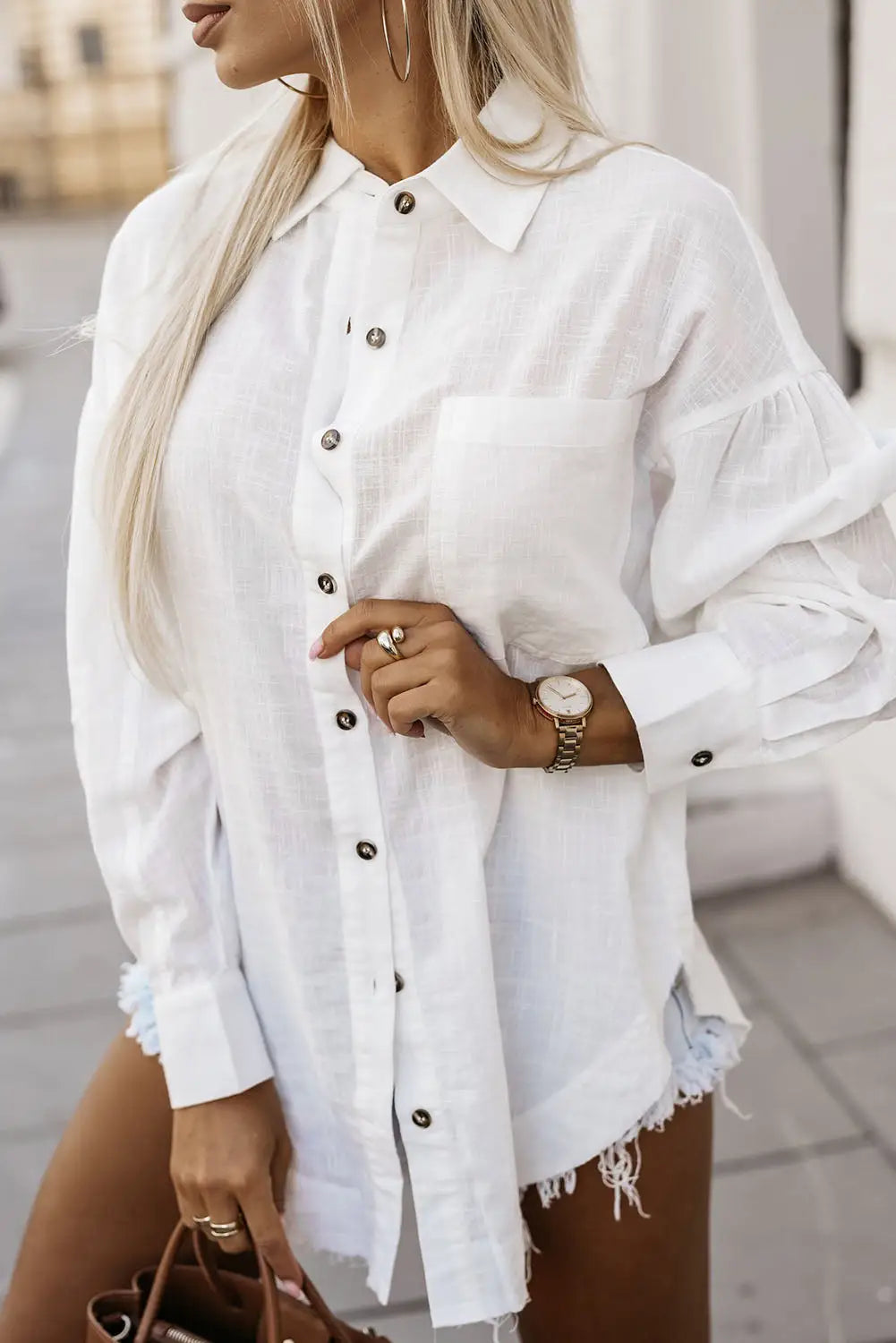 Beige chest pocket buttoned loose fit shirt - s / 100% cotton - blouses & shirts