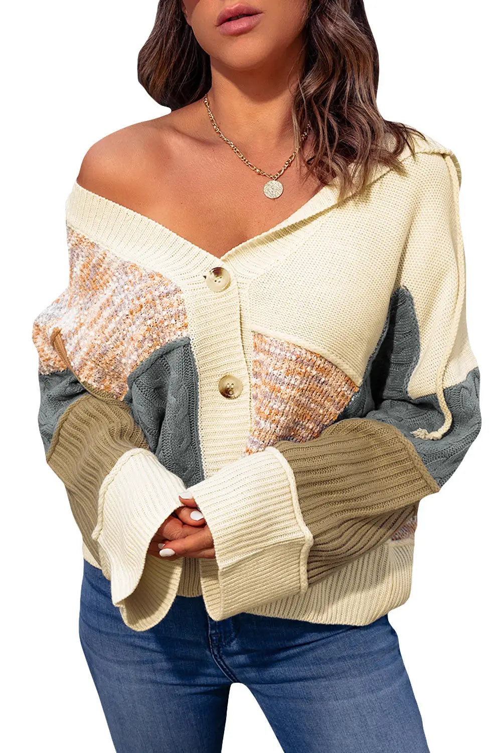 Beige colorblock patchwork buttons hooded cardigan - sweaters & cardigans