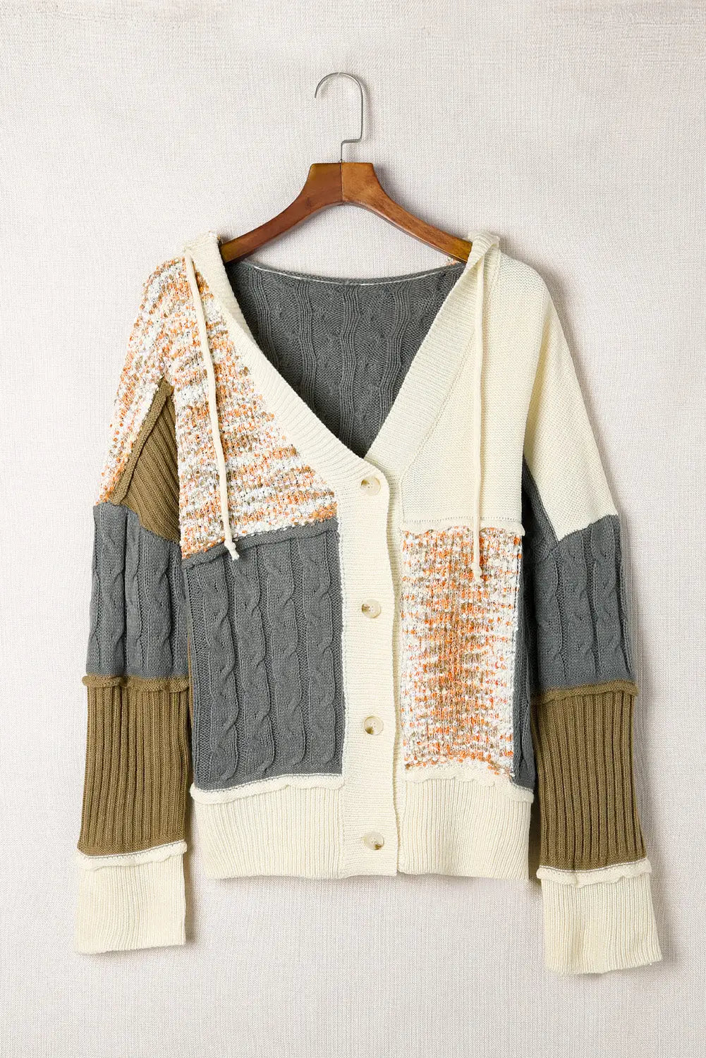 Beige colorblock patchwork buttons hooded cardigan - sweaters & cardigans